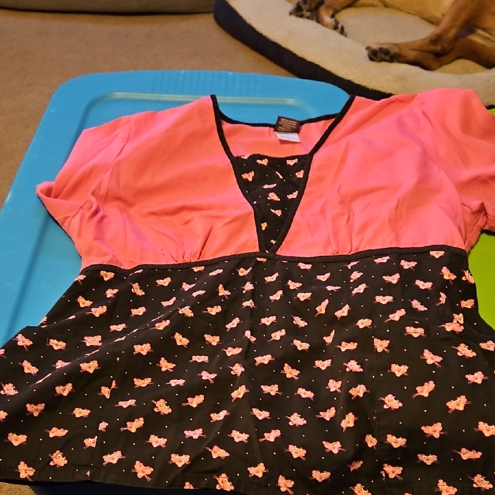 Pink Panther Themed Pink and Black Scrub Top